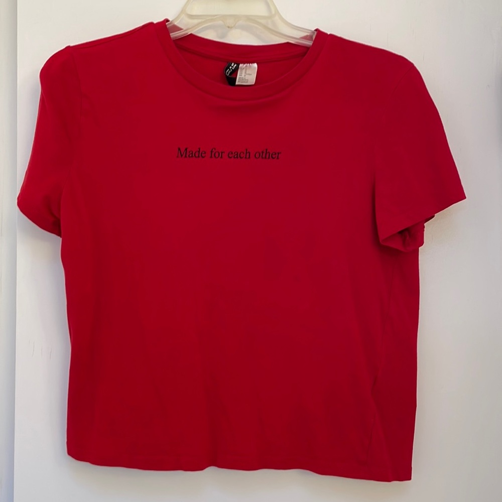 Red midi-length t-shirt with “Made for Each Other” detail
